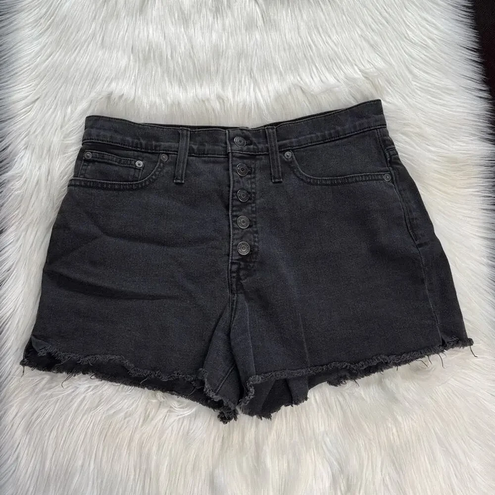 Madewell Washed Black Denim Button Through Boy Shorts